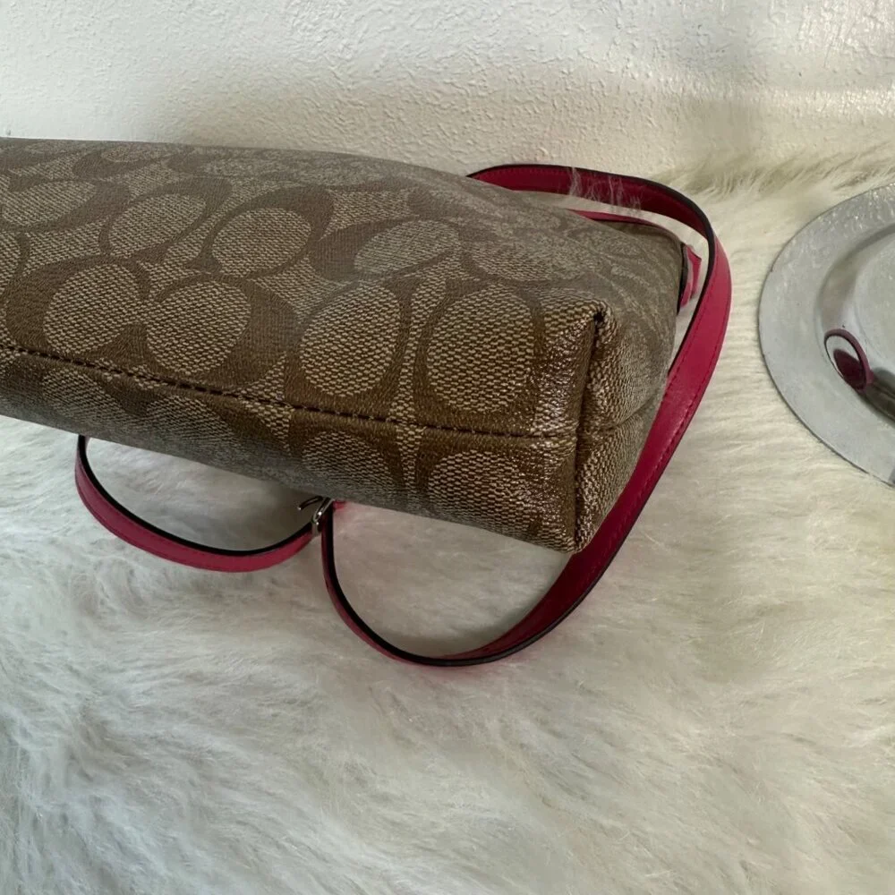 Coach Large File Shoulder Bag Signature PVC Canvas Khaki Dahlia Pink F58297